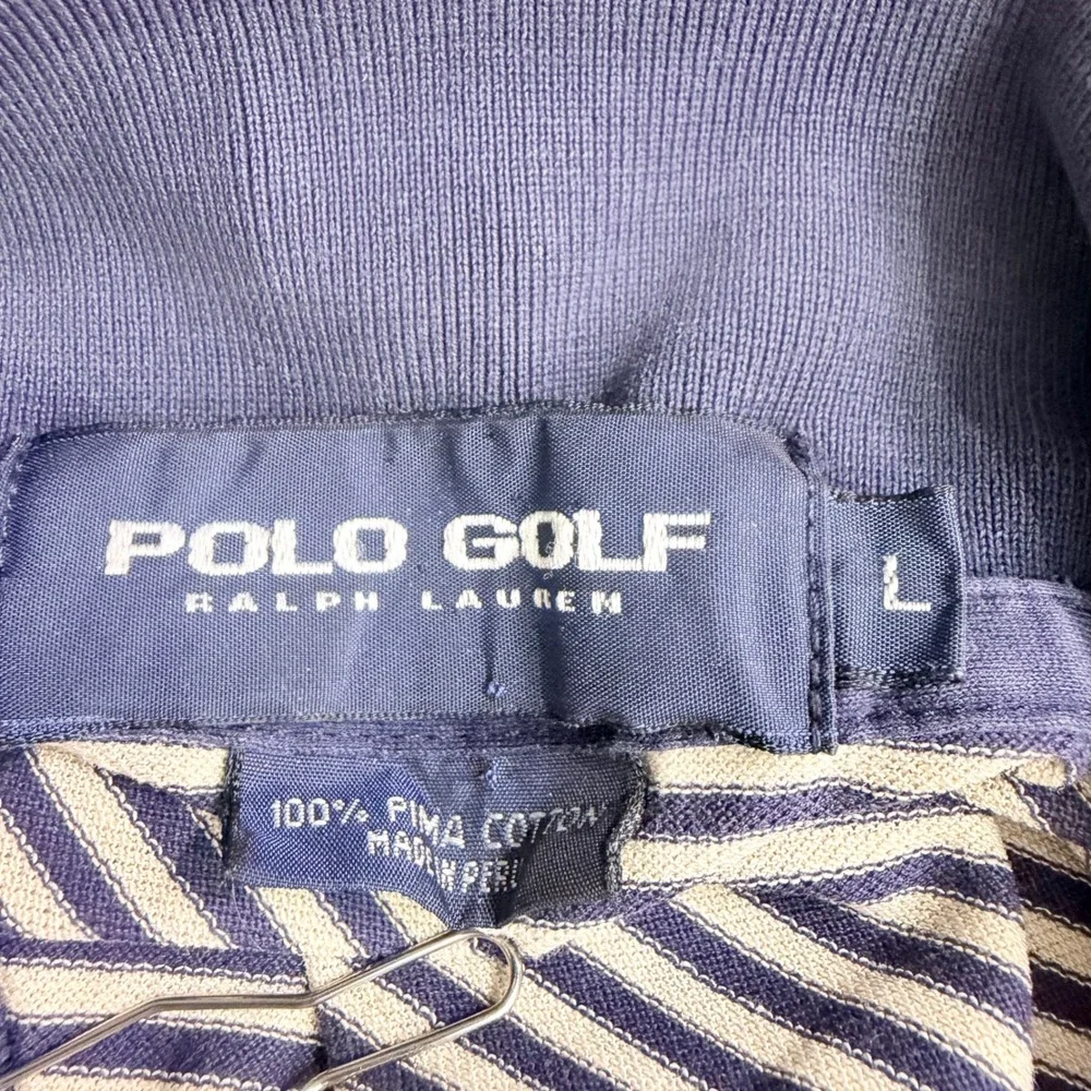 Vintage Polo Golf Ralph Lauren Polo Shirt‎ Mens Large Navy Tan Stripe Pima Pony